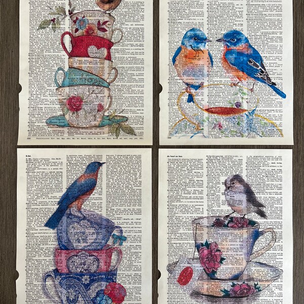 Teacup Bird Themed Dictionary Art Prints - Set of 4