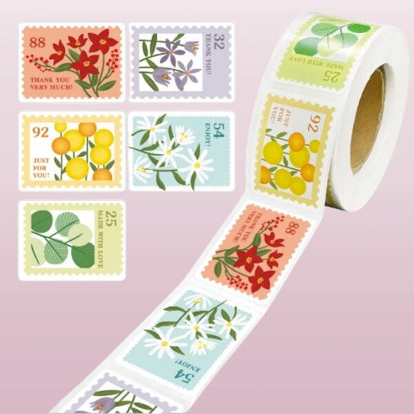 1.18x1.57" Fresh Flower Stamp Stickers, Thank You, Enjoy, Made with Love, Just for You, 5 Different Designs Sticker - 100 stickers per order