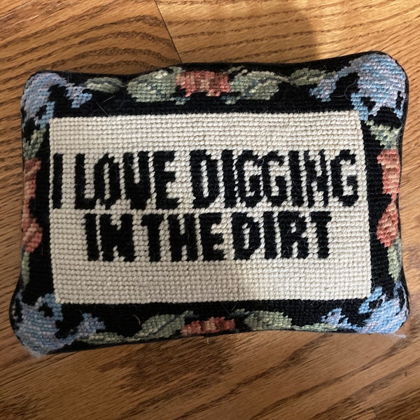 Completed Needlepoint Pillow Gardening Theme Digging In The Dirt
