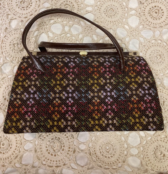 Vintage 70s Welsh Wool Tapestry Top handle Classic Style Handbag