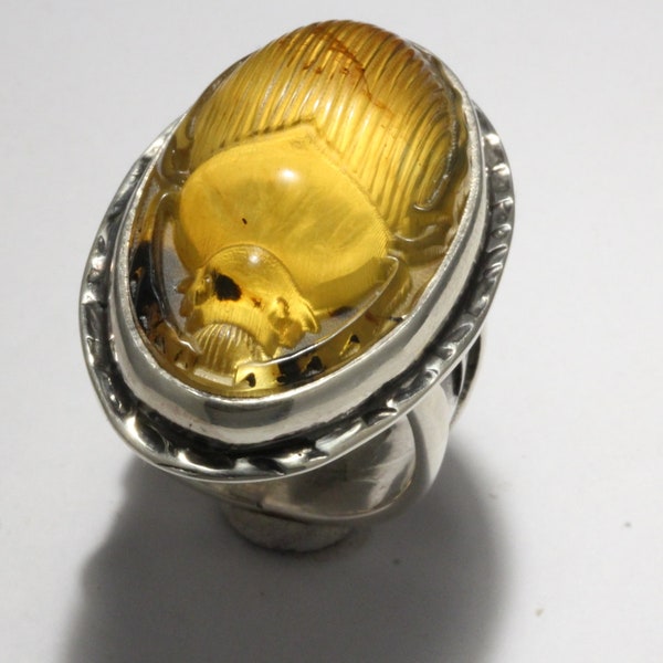 Carved Amber Scarab set in Sterling Silver Ring size 8