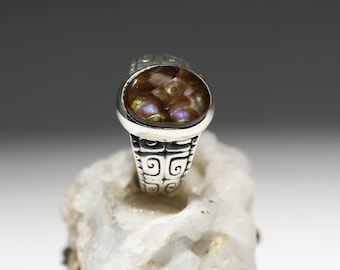 Violet Green Fire Agate Sterling Silver Ring, Mayan Inspired