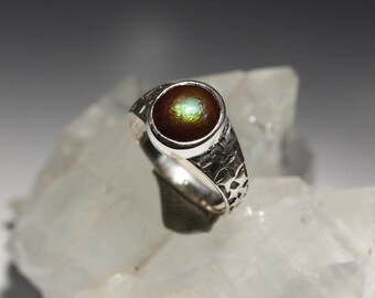 Fine Green!Mexican Fire Agate Silver Ring Size 8.5