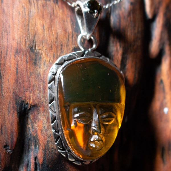 MAYAN Warrior carved Mexican amber silver pendant