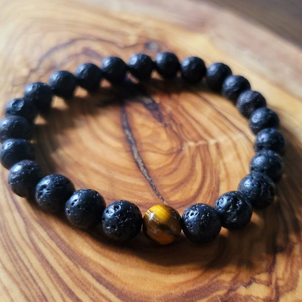 Black Lava Rock w- Tiger Eye, Stone Diffuser Bracelet 8mm, Essential Oil Beaded Bracelet, Volcanic Lava Rock, Handmade To Order