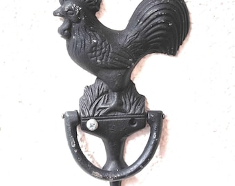 Rustic Black Cast Iron Rooster Door Knocker – Distressed Farmhouse Style.