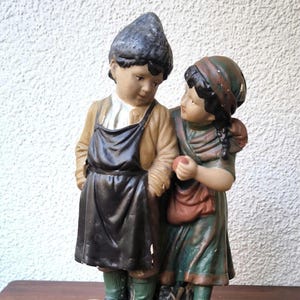 Antique Plaster Figurine – Two Children, ca. 1930s – Hand-painted Vintage Sculpture.