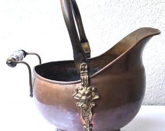 French Vintage Copper & Brass Jardinière with Delft Blue Ceramic Handle, ca. 1940–1950s