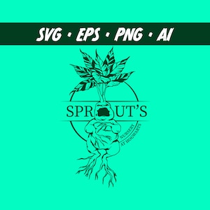 May include: A black and white illustration of a Mandrake plant with the text "SPROUT'S NURSERY AT HOGWARTS" inside a circle. Above the circle are the words "SVG • EPS • PNG • AI" in white.