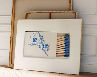 Cowboy Vintage Matchbox Print | Western Wall Art | Coastal Cowgirl Decor | Minimalist Blue Art Print | Cowboy Wall Art | Digital Download