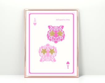 Ace of hearts card print | Pink tiger art print | Ace of cards wall art | Ace card print | Preppy tiger art print | Preppy room decor | Pink