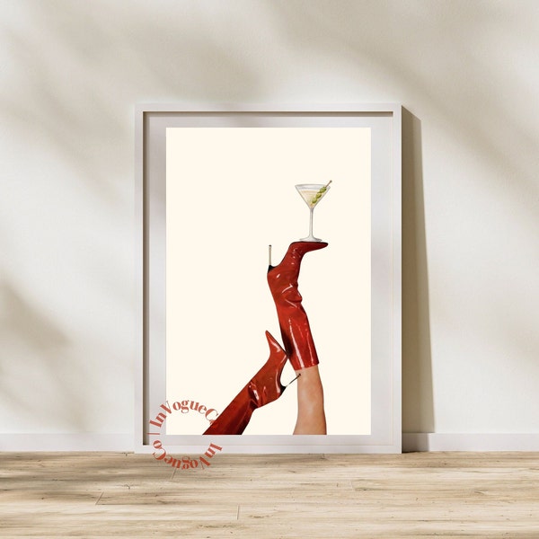 Bottoms Up Art Print | Red Boot Martini Wall Art | Bar Cart Art | Femme Fatale | Cherry Girl Art Print | NYC Aesthetic | Martini Art Print |