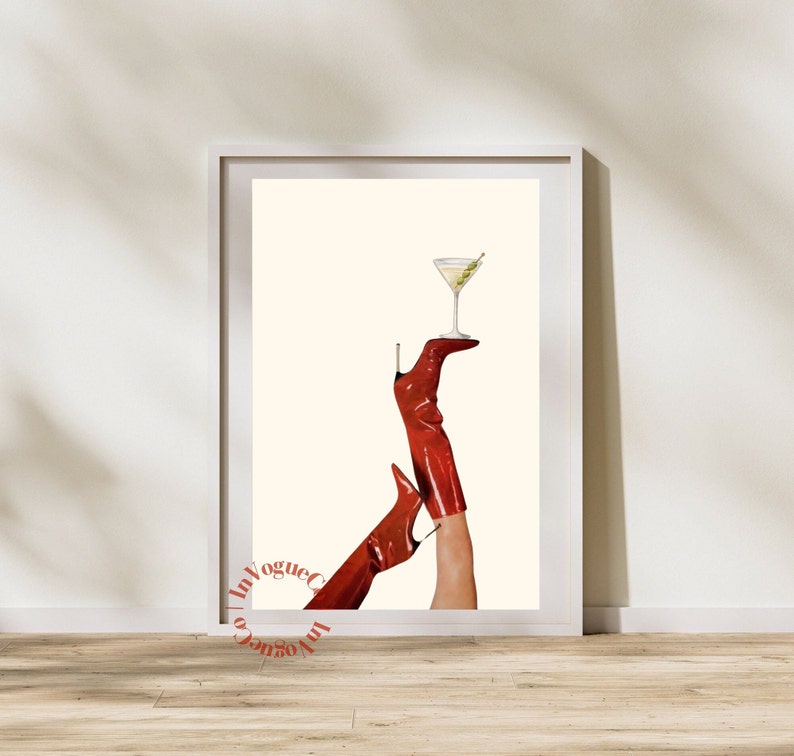 Bottoms up Art Print Red Boot Martini Wall Art Bar Cart Art Femme