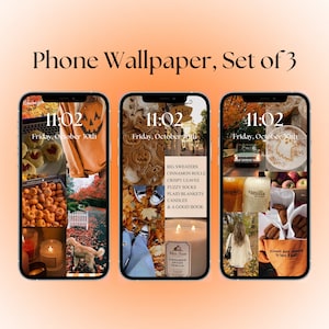 May include: Three phone wallpapers with a collage of autumn-themed images. The first wallpaper features a pumpkin, leaves, a dog, and candles. The second wallpaper features a pair of sneakers, leaves, and a candle. The third wallpaper features a car, a cup of coffee, apples, and a woman walking.