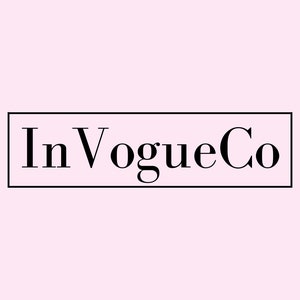 May include: The image features the text "In Vogue Co" in a black, serif font, enclosed within a black rectangular border. The background is a soft, pastel pink. The overall design is simple and elegant.