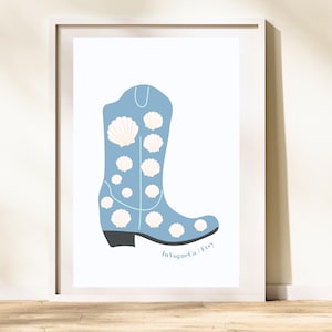 Preppy coastal cowgirl wall art | Blue coastal cowgirl art prints | Cowboy boots print | Coastal cowgirl aesthetic | Preppy blue art print