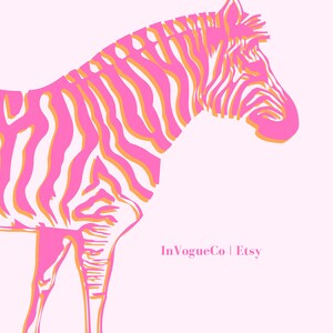 May include: Pink and orange zebra illustration on a light pink background. The zebra's stripes are orange and white, with a pink outline. The text "InVogueCo | Etsy" is in the bottom right corner.