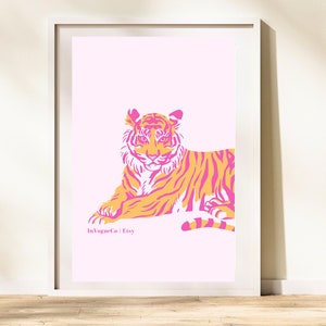 Preppy tiger art print | Pink tiger print | Preppy room decor | Preppy wall art | Pink and orange print | Trendy room decor | Pink Aesthetic