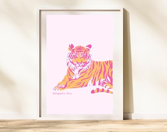 Preppy tiger art print | Pink tiger print | Preppy room decor | Preppy wall art | Pink and orange print | Trendy room decor | Pink Aesthetic