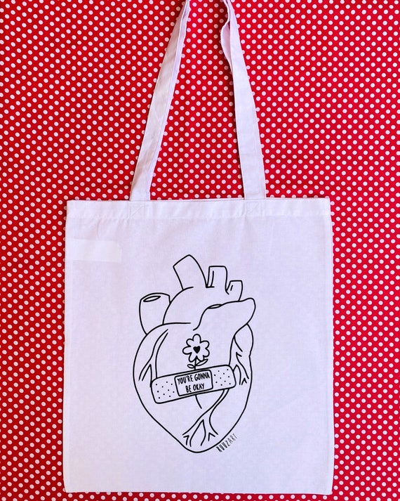 White Tote Bag With Anatomical Heart Illustration Tote Bag Etsy