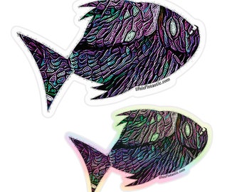 Colorful Piranha Fish Stickers • Vinyl Fish Water Bottle, Laptop, Tackle-box Stickers  (2 Pack)