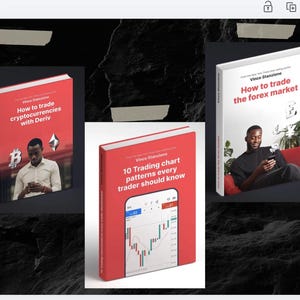 Peut inclure: Image de trois livres avec des couvertures rouges et blanches. Les livres sont intitulés "How to trade cryptocurrencies with Deriv", "10 Trading chart patterns every trader should know" et "How to trade the forex market". Chaque livre présente une personne sur la couverture.