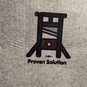 May include: A dark brown and black graphic of a guillotine with the text "Proven Solution" in black. The image is on a gray, textured background.
