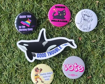 Union activist buttons. Union printed, labor, eclectic, fun