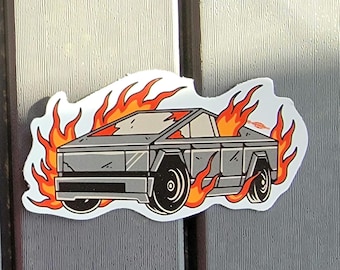 Burning electric truck sticker. American traditional tattoo style decal. Union printed.