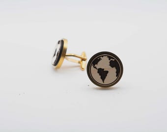 World Planet Earth Globe 20mm Stainless Steel Wooden Cufflinks