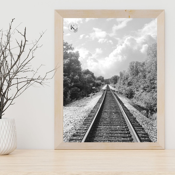 Black & white railroad, Railroad photo, Minimalist wall art, neutral wall art, home decor, digital download, instant download