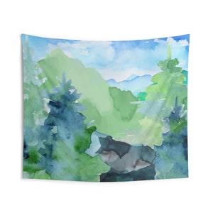 Watercolor Landscape Wall Tapestry | Evergreen Trees Wall Hanging | Abstract Mountains | Colorful Fabric Indoor Wall Art