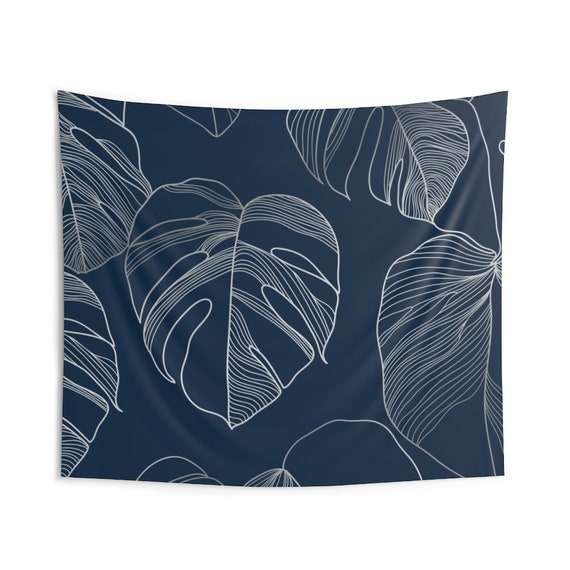 Monstera Wall Tapestry Navy Blue Silver Grey Wall Hanging Split leaf Philodendron Colorful Fabric Indoor Wall Art Etsy