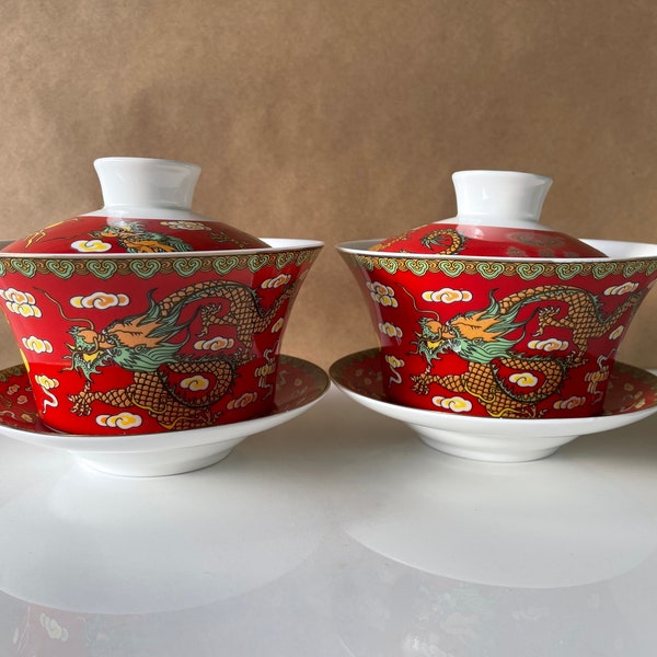 Vintage Chinese Porcelain Red Dragon Gaiwan Tea Cup Set  (2pc)(w/lids)