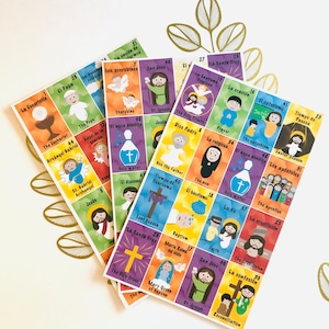 Bingo católico/de los santos/Lotería católica/Santos bilingües/Regalos de fe. Familia católica. Niños. Colorido y divertido. Rosario. Primera comunión. Juego de cartas.
