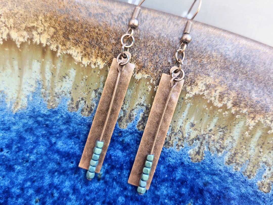 Hammered Copper Drop Earrings Etsy