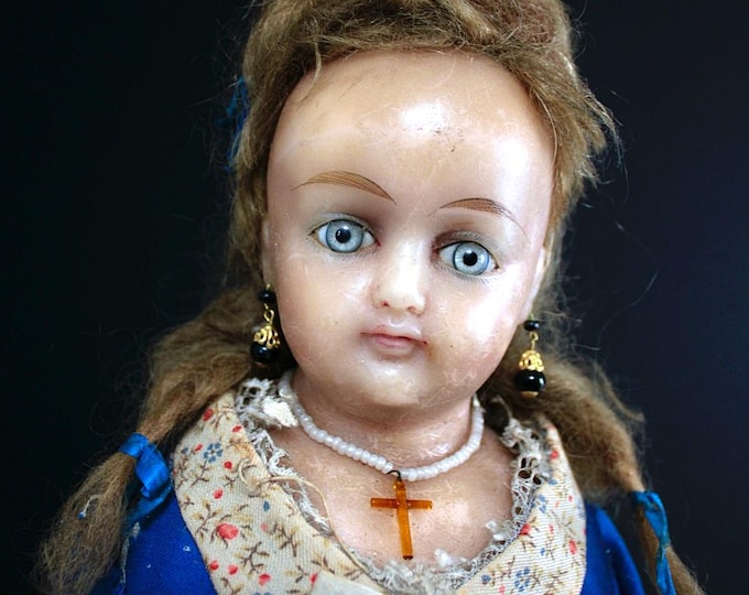 ALL ORIGINAL >> ca.1880 << Wax Over Lady Doll in her Blue Costume >>