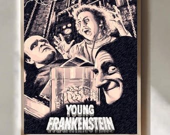 Póster de la película El joven Frankenstein de 1974. Protagonizada por Mel Brooks, Gene Wilder e Igor.