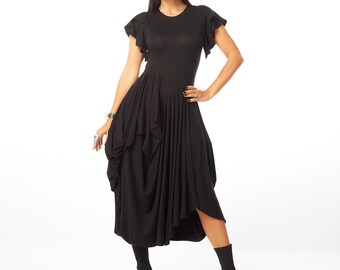 Draped Black Midi Dress | Grecian Goddess Modal Jersey, Handmade
