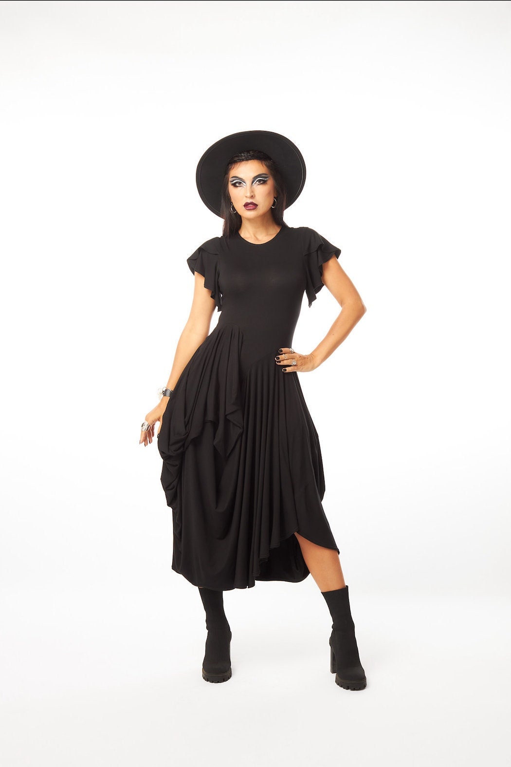 Draped Black Midi Dress | Grecian Goddess Modal Jersey, Handmade