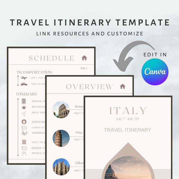 Travel Itinerary Template | Travel Planner | Mobile Travel Itinerary | Customizable Travel Itinerary | Editable in Canva | Digital Itinerary