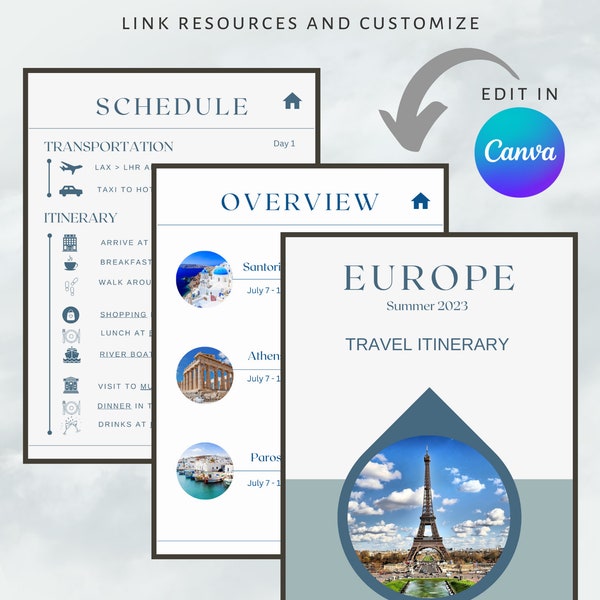 Europe Travel Template | Travel Planner | Mobile Travel Itinerary | Customizable Travel Itinerary | Editable in Canva | Digital Itinerary