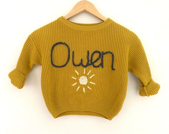 Personalised oversized children’s knitted jumper | personalised hand embroidered knit | toddler clothing | children clothing