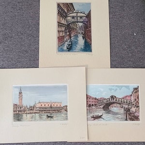 Venice Italy Silk Color Etching Prints Vintage Signed
