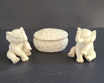 Lenox Elephant Collection of Two Figurines and a Trinket Box