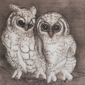 Christine McGinnis Engraving of Milky Eagle Owls Signed and Numbered Print 131/300