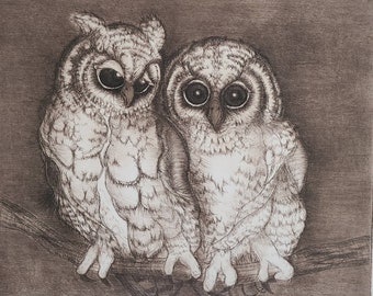 Christine McGinnis Engraving of Milky Eagle Owls Signed and Numbered Print 131/300