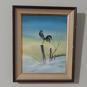 Country Rooster Oil Painting Crowing at Dawn by Helen Amm