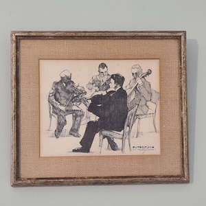May include: A framed black and white drawing of four people playing string instruments. The drawing is on a beige background and is signed "Butterfield" in the bottom right corner.