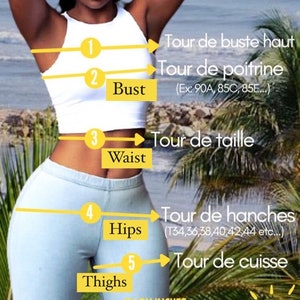 Peut inclure: Diagramme montrant comment mesurer le buste, la taille, les hanches et les cuisses en centim&egrave;tres. Le diagramme montre une personne portant un d&eacute;bardeur blanc et un pantalon bleu clair.